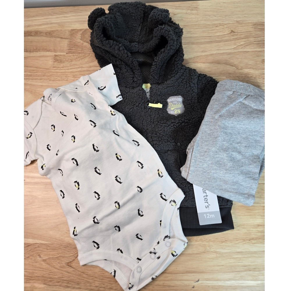 Carters Baby Boys 12M 3 Piece Sherpa Hoodie Penguin Bodysuit Pants Set NWT